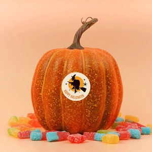 Citrouille décorative d'Halloween orange avec sticker silhouette de sorcière et bonbons