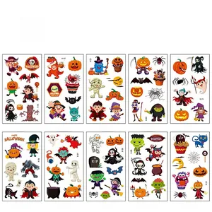 Set of 10 Halloween temporary tattoo sheets with pumpkin, ghost, and zombie designs