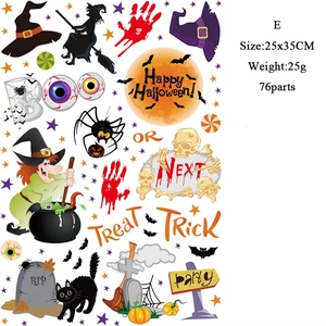 Macro shot of 76 Halloween stickers set featuring cartoon witches and spooky pumpkins