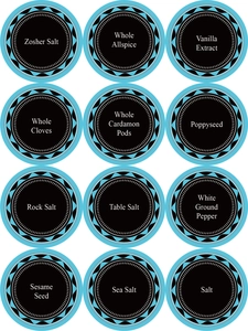 Detailed grid showing 12 circular waterproof kitchen labels with white spice text on black