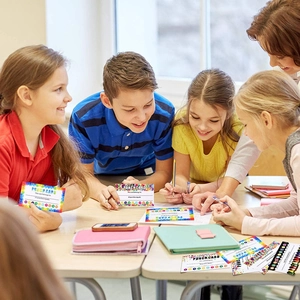 Cheerful group of students using colorful incentive punch cards in a classroom setting