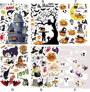 Six different Halloween window sticker designs including pumpkins, ghosts and haunted houses