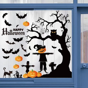 Detailed Halloween window stickers with black trees, orange pumpkins and spooky bats