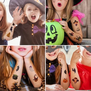 Set of Halloween temporary tattoos for kids featuring cartoon pumpkin, bat, and ghost designs
