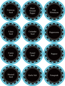 Waterproof kitchen spice labels with round black and blue design for seasoning jars