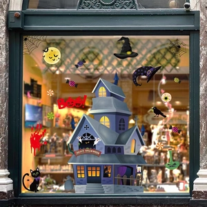 Halloween window decals set featuring haunted house, bats, and spooky festive designs