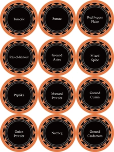 Matrix view of 12 round waterproof kitchen spice labels with black and orange design