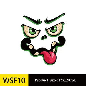 Détail d'un autocollant de visage de monstre avec spécifications de taille 15x15CM