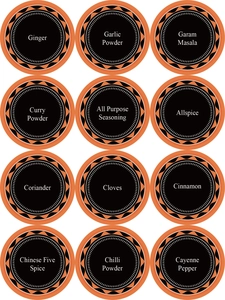 Waterproof round kitchen spice jar labels set with orange borders and clear text