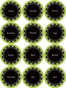 Waterproof kitchen labels set with 12 round spice herb stickers in black and green design