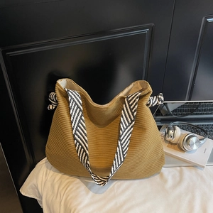 Women Large Capacity Corduroy Tote Bag Striped Woven Wide Strap Casual Hobo Shoulder Bag Minimalist Handbag Travel Work Shopper