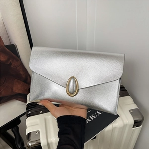 Elegant silver envelope clutch bag with Saffiano texture and gold metal buckle