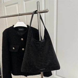 Grand sac cabas vintage en daim noir pour femme avec une grande capacité