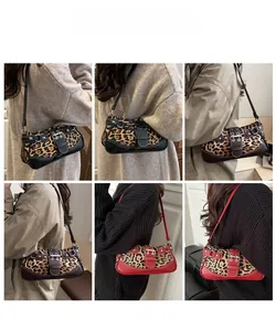 Leopard print shoulder bags in three colors showing adjustable straps and metal buckles