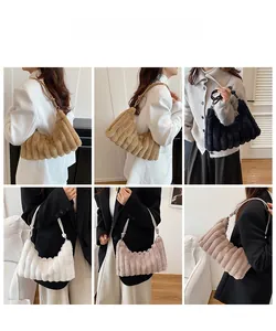 Detailed plush hobo bags with vertical stripes shown in various colors for women