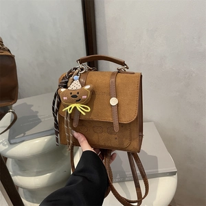 Women Vintage Frosted Leather Mini Backpack Cute Cartoon Bear Pendant Small Casual Fashion Shoulder Bag Brown Retro Daypack