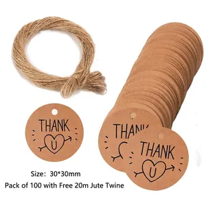 100pcs round kraft paper Thank You tags with heart design and 20m natural twine