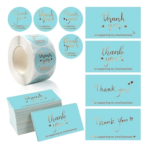 Blue Gold Foil Heart Thank You Cards And Stickers Rose Gold Small Business Support Labels For Wedding Party Gift Packing