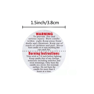 Round 1.5 inch candle warning safety labels with fire prevention instructions and red text