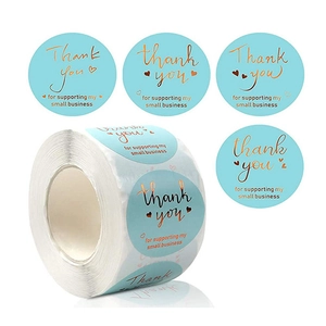Blue and rose gold Thank You stickers roll for small business gift packaging and sealing