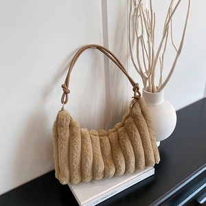 Women Plush Faux Fur Underarm Bag Winter Fashion Fluffy Shoulder Bag Pleated Solid Color Dumpling Bag With Knotted Strap Tote