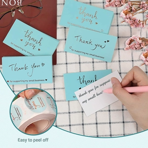 Blue Thank You business card set with gold foil hearts and easy to peel stickers