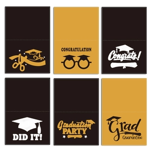 Black and gold graduation card set with caps and congrats messages on white background