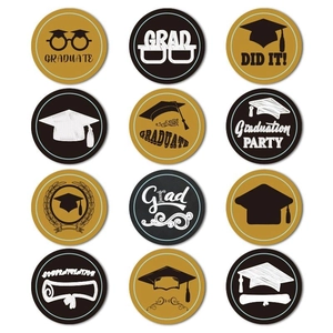 Set of 12 graduation themed envelope seals with gold and black doctoral cap designs