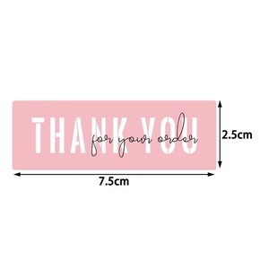 Pink rectangular Thank You for Your Order sticker measuring 7.5cm x 2.5cm on white background