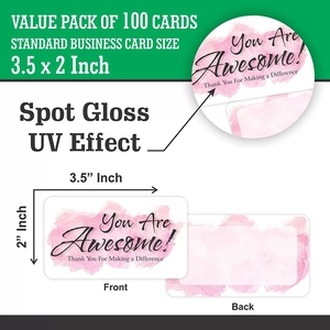 Detail of 100 pink watercolor reward cards showing gloss UV finish and blank back side