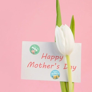 Floral Happy Mother's Day round stickers on card with white tulip for gift decor