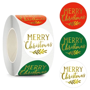 Merry Christmas Round Stickers Gold Foil Holiday Gift Labels Red White Green Decorative Sealing Stickers For Envelopes