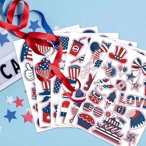5-sheet 4th of July sticker set with flag patterns, hearts and stars on blue background