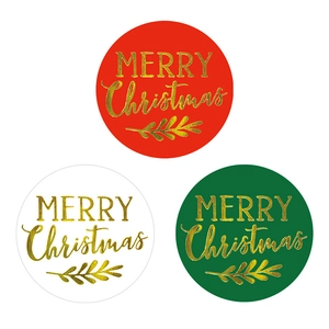 Three-piece round Merry Christmas stickers with gold foil in red white and dark green