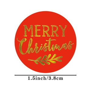 Red 1.5-inch round Merry Christmas stickers with gold foil lettering for gift labels