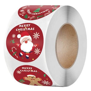Merry Christmas Santa and Gingerbread Man adhesive round gift label stickers roll