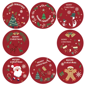 Set of 8 red Merry Christmas stickers featuring festive holiday cartoon illustrations