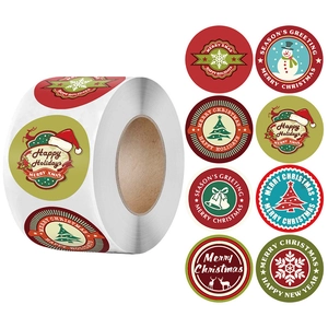 Merry Christmas Round Decorative Stickers For Gift Wrapping Snowflake Snowman Santa Hat Festive Sealing Labels Roll Stationery