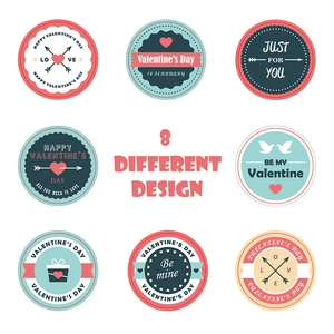 8 designs of Valentine's Day round gift stickers with hearts and cupid arrow elements
