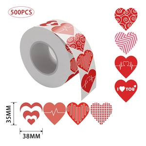 Heart Shaped Coated Paper Adhesive Stickers Valentine's Day Decorative Labels Red White Patterns Gift Sealing DIY Scrapbook