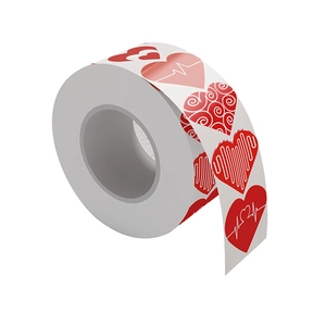 Red heart-shaped Valentine sticker roll with four decorative patterns on white background