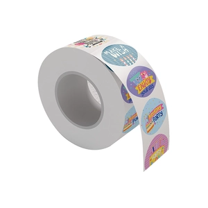 Roll of colorful Happy Birthday stickers featuring cake and gift designs for party favors