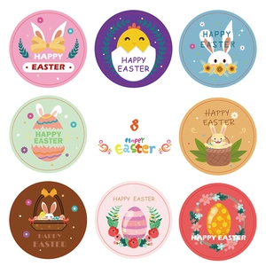 Set of 8 round Happy Easter stickers featuring bunnies, chicks, and colorful eggs patterns