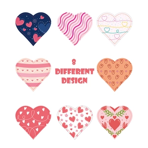 8 pack of Valentine's Day heart stickers with diverse sweet patterns for gift wrapping