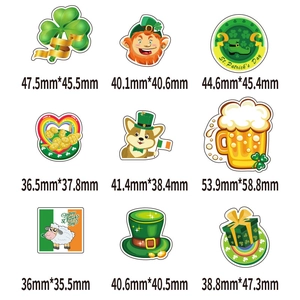 Green St. Patrick's Day clover and leprechaun stickers set with detailed size dimensions