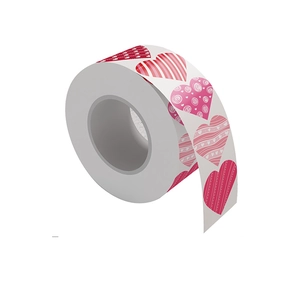 Valentine's Day heart sticker roll with red and pink patterns on white background