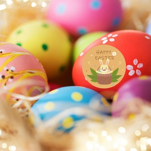 Easter egg gift stickers featuring Happy Easter bunny designs on colorful patterned eggs