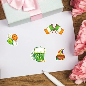 Cartoon St. Patrick's Day stickers featuring shamrocks, beer mug and gold coins set