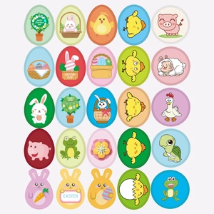 Set of 25 cartoon Easter egg stickers featuring rabbits, chicks and Happy Easter greetings
