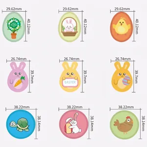 Happy Easter sticker set featuring cartoon rabbits and chicks with size measurements
